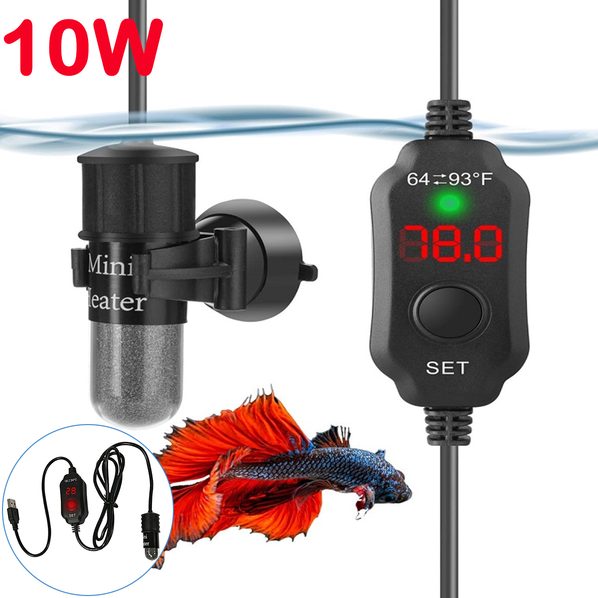 Fish Tank Heater - แท่งทําความร้อนตู้ปลาแบบปรับได้ 10W 18-34 ° C Mini